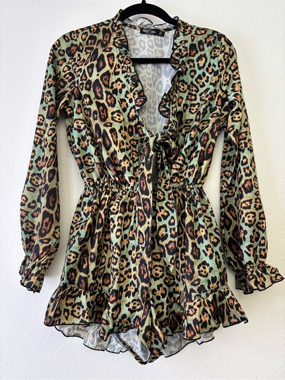 Nasty Gal Green Leopard Print Ruffle Tie Romper